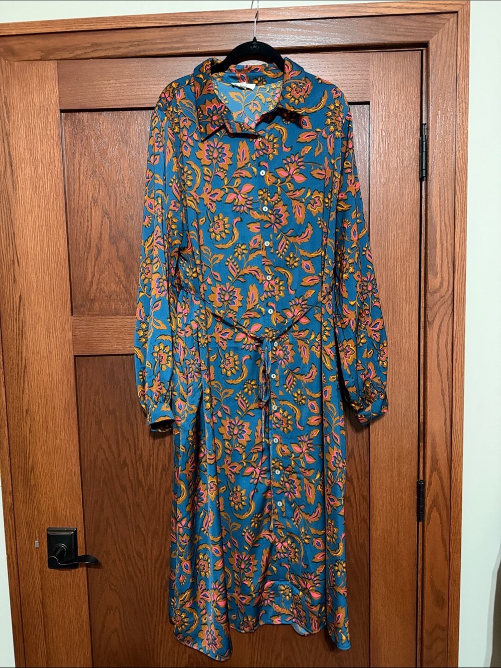 Easel  Teal Floral Long-Sleeve Button Dress with Self-Tie Waist, Fall colors!